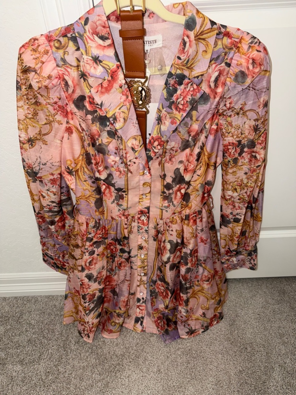 L'ATISTE Pink Floral Midi Dress with Gold Scroll Print